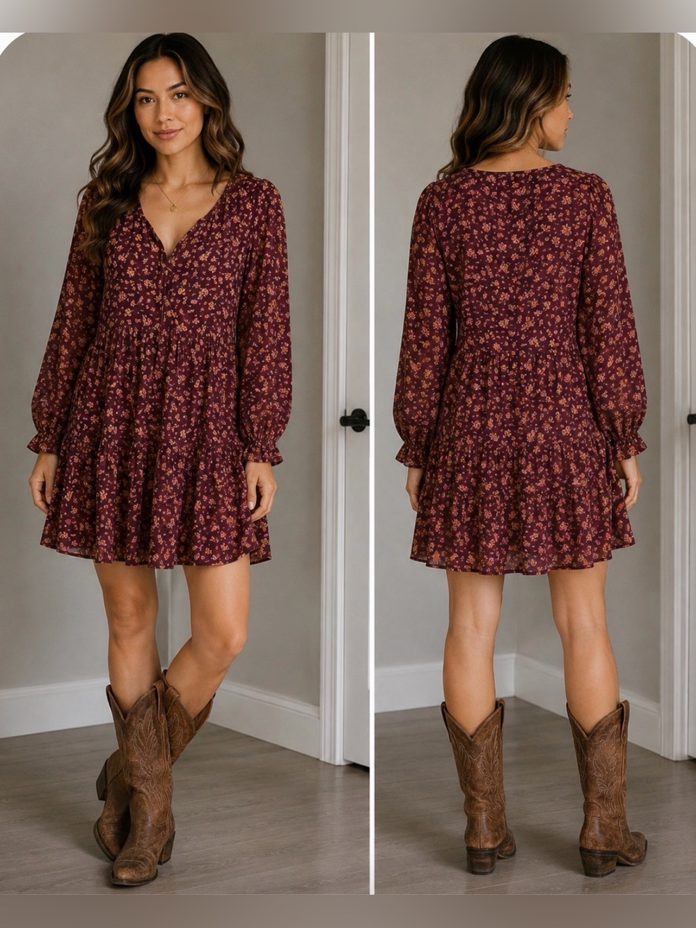 Anthro Dress Forum Burgundy Floral Tiered V-Neck BOHO Dress large‎